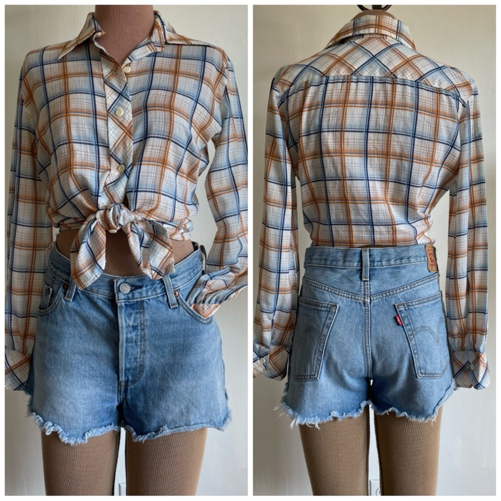 VINTAGE 70s Paper Thin Sheer Workwear Plaid Button-Up Shirt top